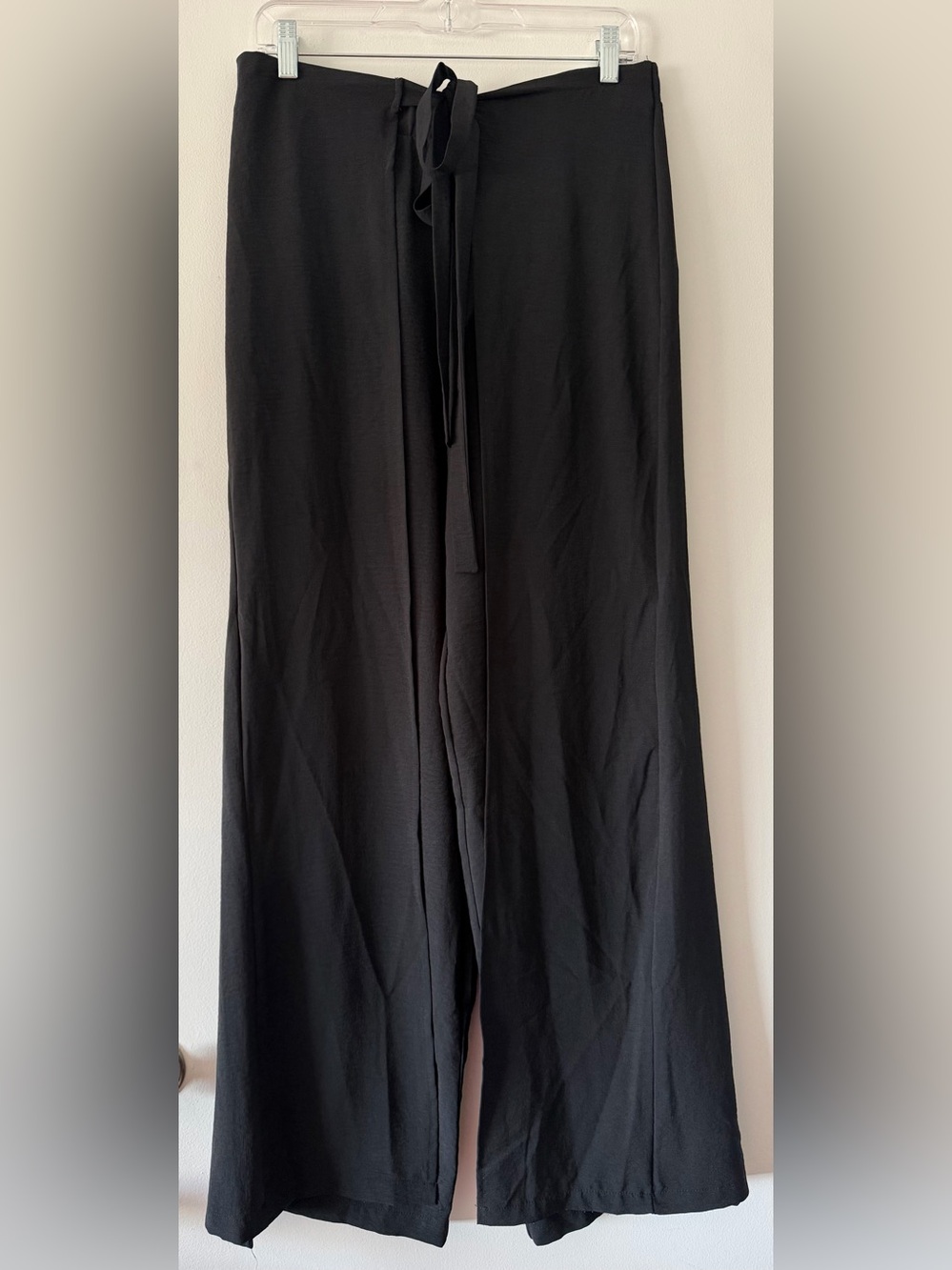 ZARA Black Wide Leg Tie Waist Pants Size XL High Rise Flowy Palazzo Slit Crop